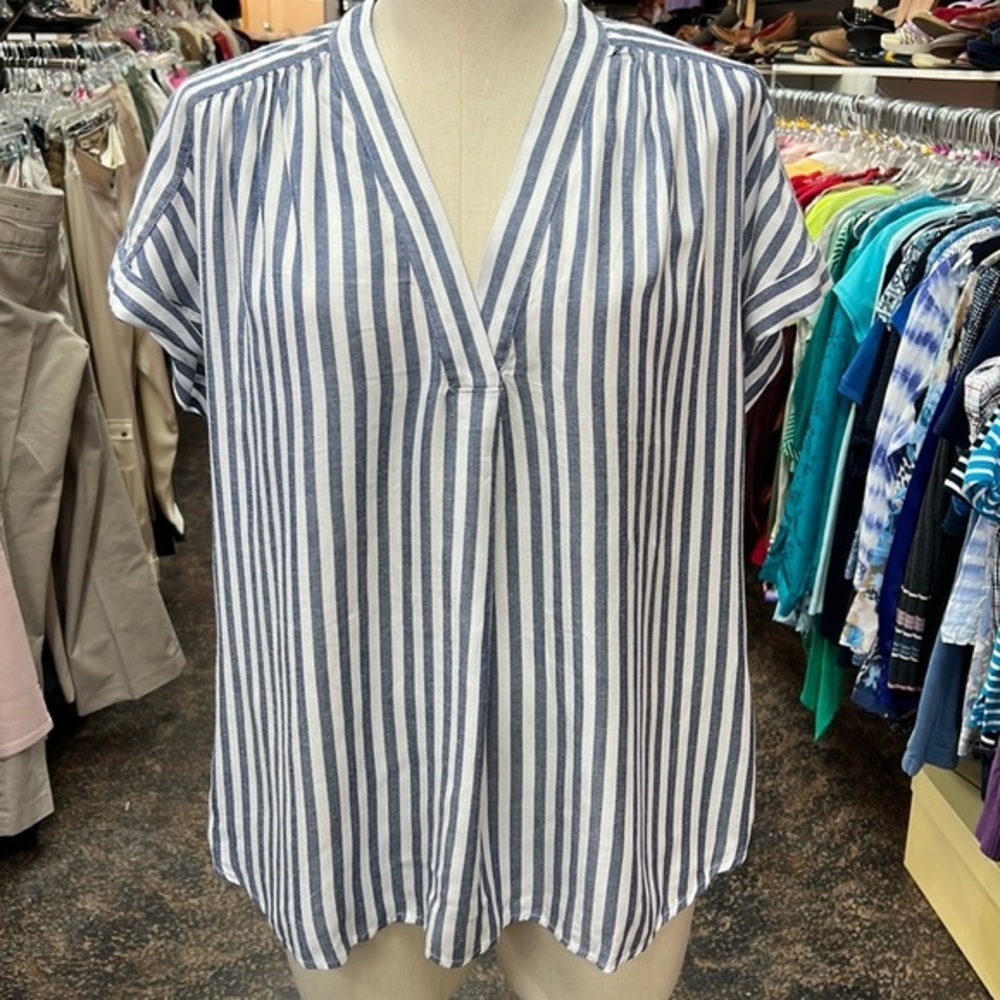 NWT GAP Blue White Striped Roll Cuff Blouse Size L
